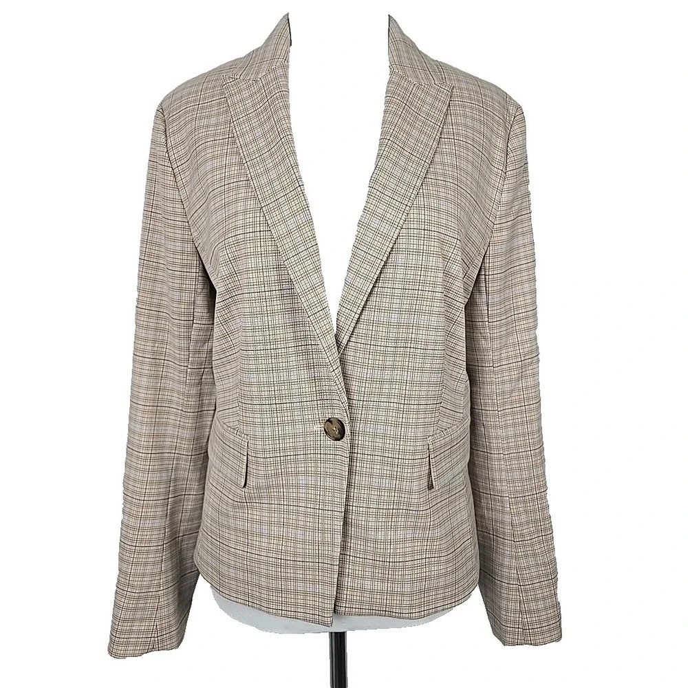 Ann Taylor‎ Beige/ Brown Plaid Blazer Suit Jacket Career Size 14